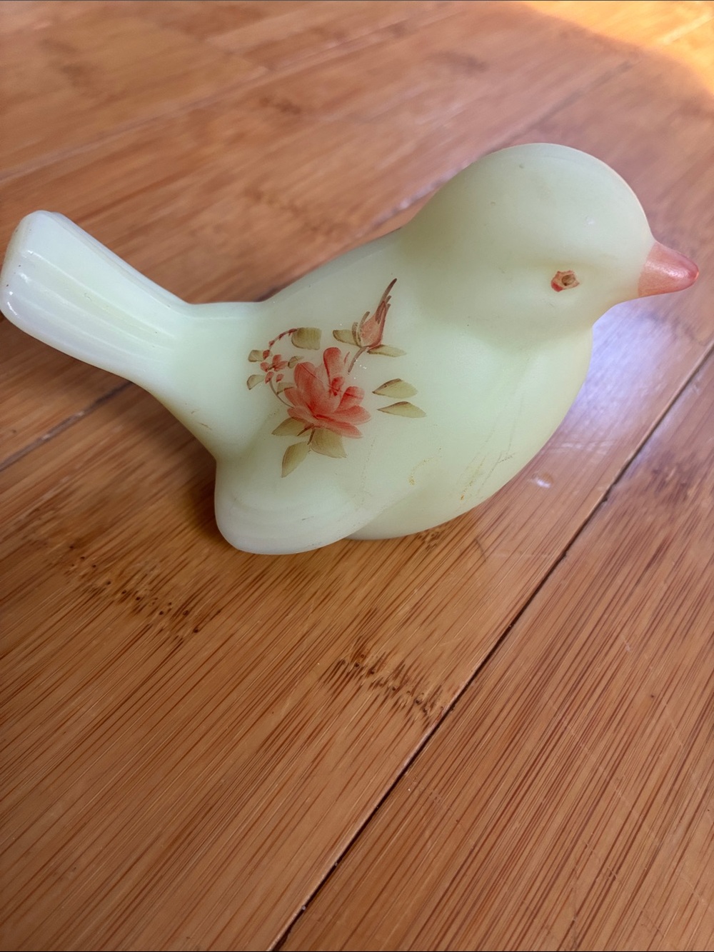 Fenton custard satin uranium glass bird